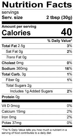 Organic Chimichurri Nutrition Label