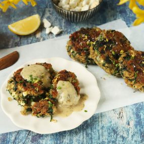 Spinach, Feta Quinoa Cakes with Lemon Dill Sauce