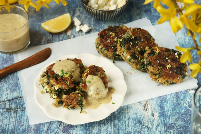 Spinach, Feta Quinoa Cakes with Lemon Dill Sauce