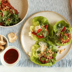 Shredded Pork and Rice Noodle Lettuce Wraps with Sweet Chili Sauce