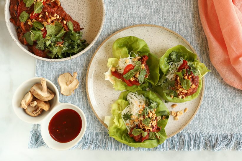 Shredded Pork and Rice Noodle Lettuce Wraps with Sweet Chili Sauce